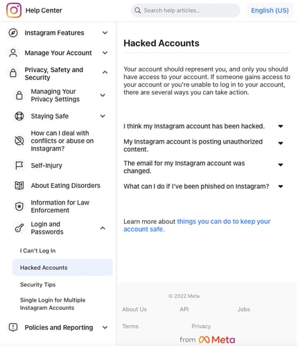 Screenshot of Instagram Help Center for Hacked Accounts