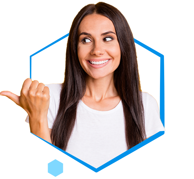 woman pointing to headline with her thumb