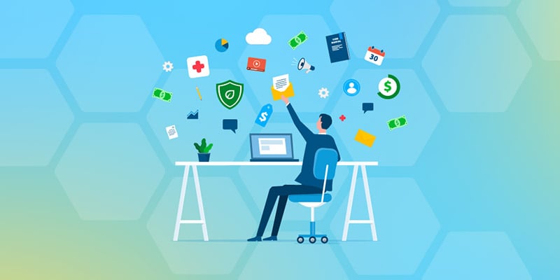 Digital marketer sitting at desk surrounded by icons representing affiliate marketing niches such as finance, health, and technology.