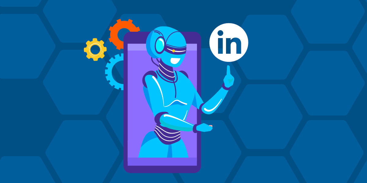 Blue background with a light blue bot holding the LinkedIn icon.
