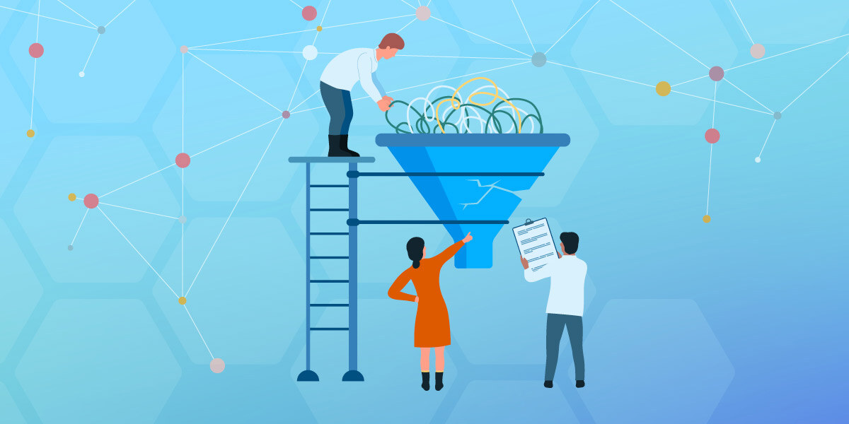customers going in the funnel with workers at the bottom