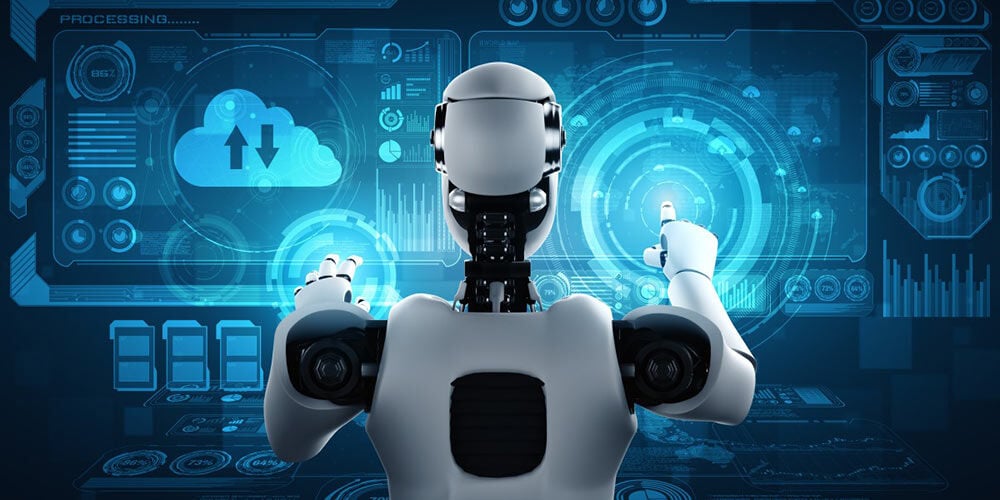 A robot clicking on different buttons on a screen of analytics