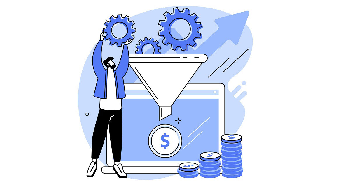 Man stuffing leads into the sales funnel
