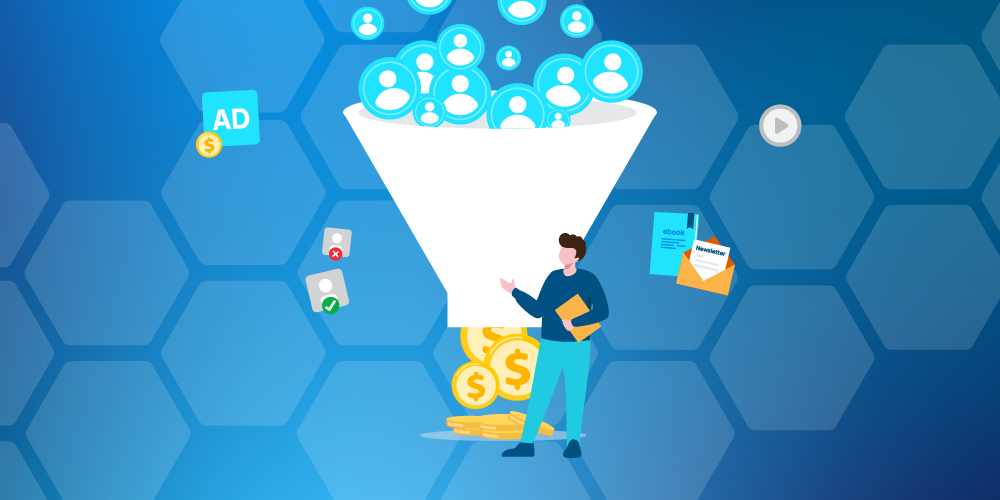 Illustration of B2B lead generation strategies funnel with user acquisition through ads, email marketing, and content—showcasing lead generation marketing strategy, best practices, and conversion optimization.