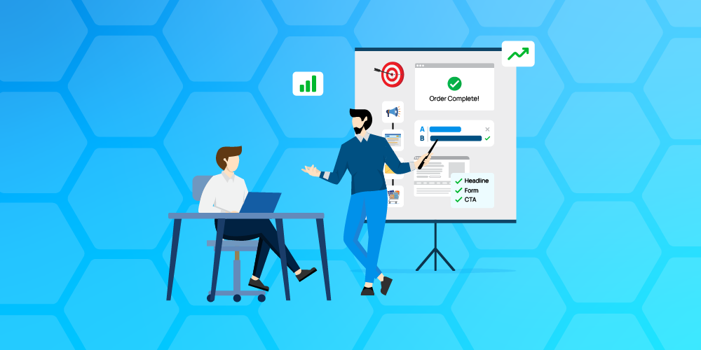 Digital marketing sales funnel illustration showing leads entering funnel through ads, emails, and content, converting into revenue with marketer holding analytics report
