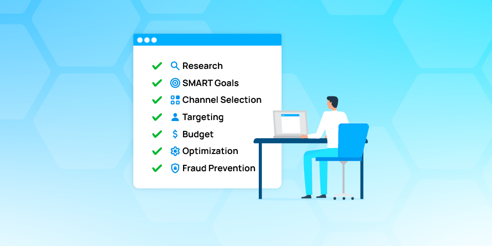 Digital marketing checklist illustration showing key campaign planning steps including research, SMART goals, channel selection, targeting, budgeting, optimization, and ad fraud prevention, with a person working at a desk.