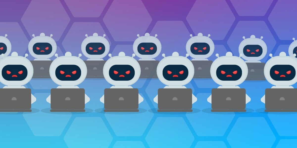 Malicious robots seated in rows working on laptops
