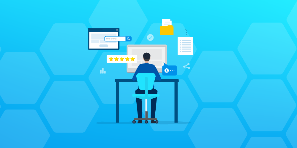 Digital marketing professional monitoring SEO performance, online reviews, brand reputation, and analytics dashboard on desktop computer