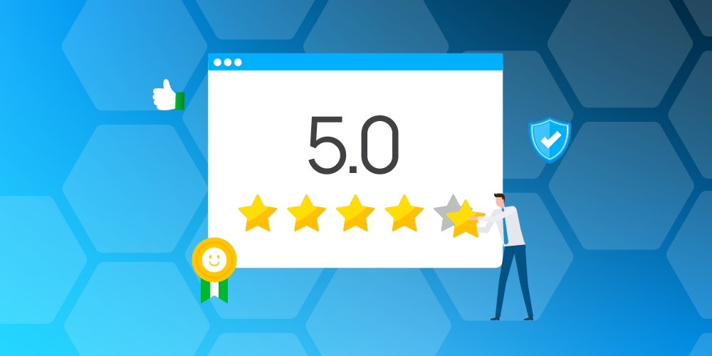 Illustration of a 5.0 star rating review with five gold stars, a smiling award badge, thumbs up icon, and a person placing the final star. Set against a blue hexagonal background, the image symbolizes excellent customer satisfaction, top-rated service, and strong online reviews. 