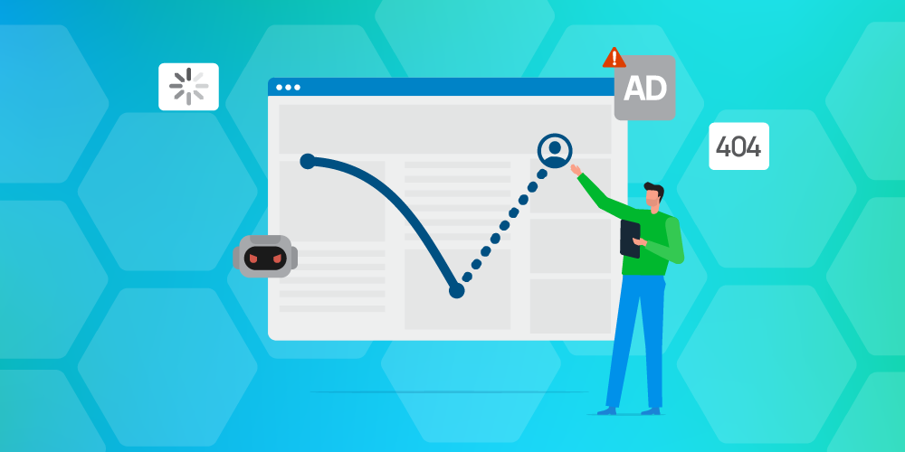 A large webpage with a user path line curving downward then upward is shown, surrounded by icons representing common web issues: a loading spinner, a robot (suggesting bots), an “AD” warning, and a “404” error. The background features a blue hexagonal pattern.