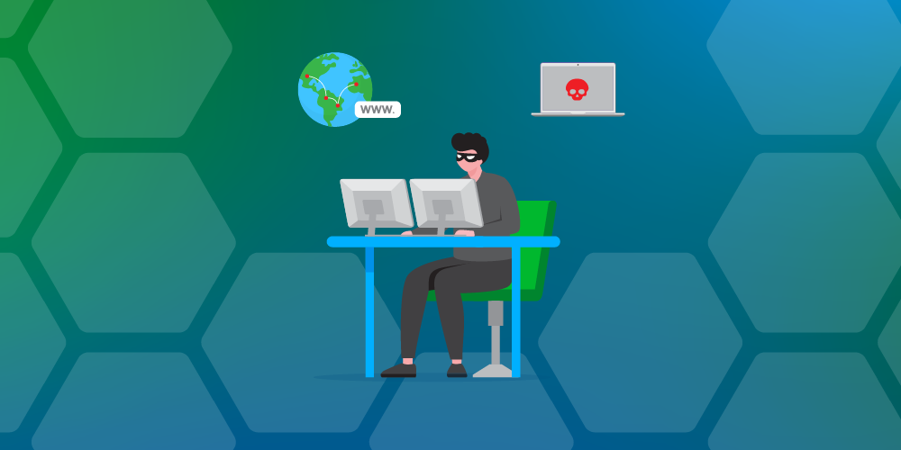 Cybercriminal hacking a website from dual computer monitors, illustrating internet security threats and the importance of cybersecurity protection.