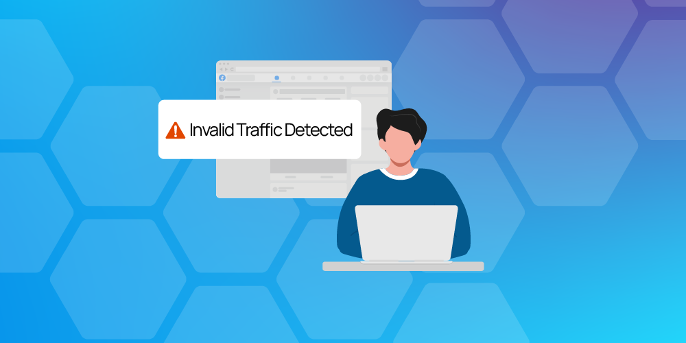 Digital marketer reviewing invalid traffic detected warning in online advertising account dashboard