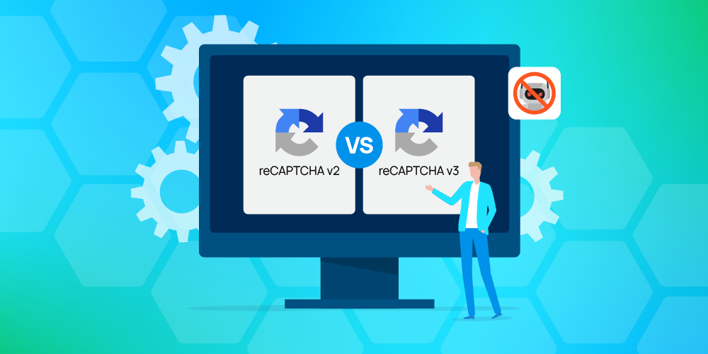 Comparison of reCAPTCHA v2 vs v3 on computer screen with user illustration—highlighting the difference between reCAPTCHA v2 and v3 and why reCAPTCHA v3 is better for modern security.