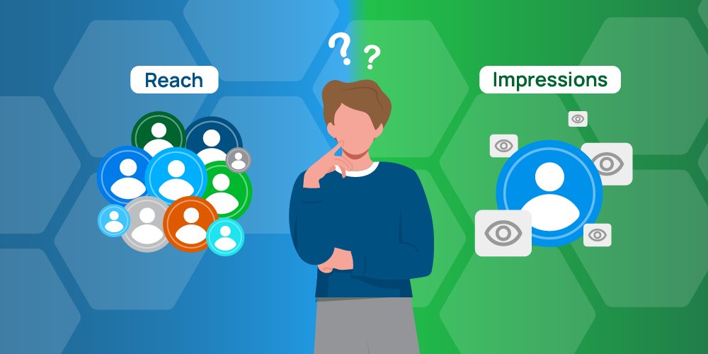 Illustration of a person confused between ‘Reach’ and ‘Impressions’ in digital marketing, with icons representing audience size on the left and eye icons for views on the right, highlighting the difference in metrics.