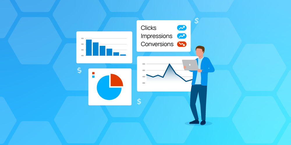 Digital marketing analytics dashboard showing clicks, impressions, and conversions with charts and graphs analyzed by a marketer using a laptop.