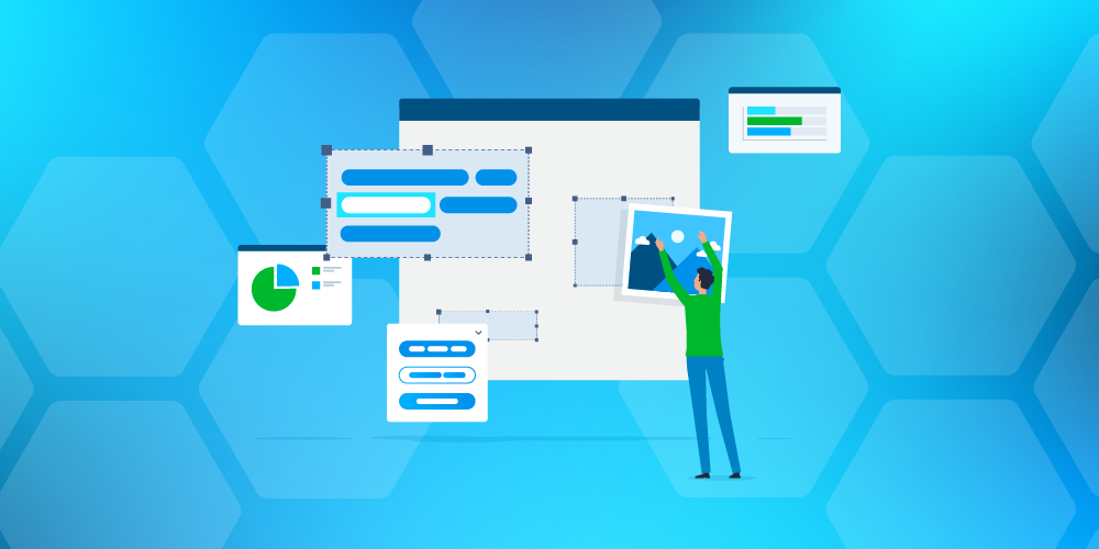 Illustration of a person designing a website interface with charts, text boxes, and images on a blue hexagonal background, symbolizing digital content creation and web design tools.