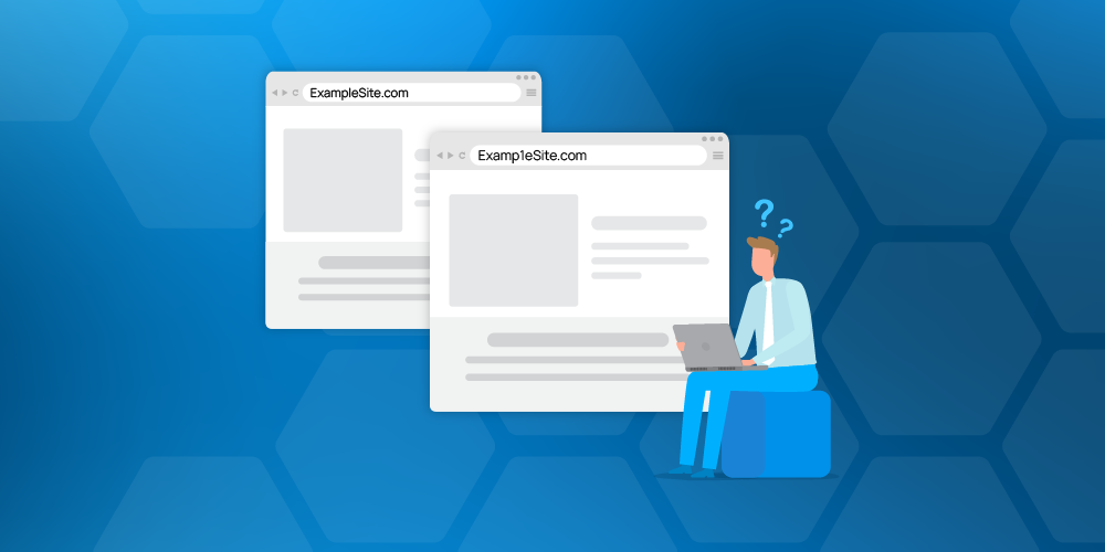Illustration of a man sitting with a laptop in his hands, questioning two separate visualizations of internet browser windows.