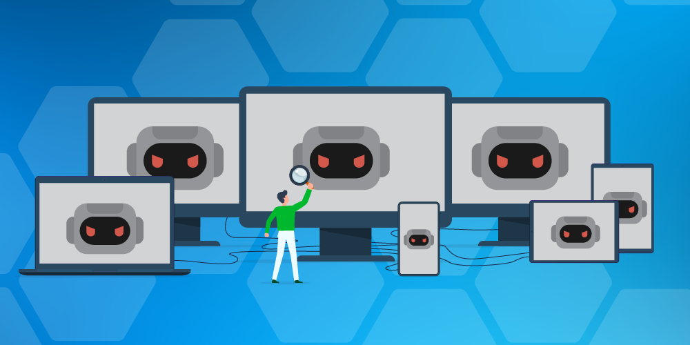 Illustration of a person inspecting multiple devices—laptops, monitors, tablets, and phones—displaying menacing robot faces, symbolizing malicious bots. The individual holds a magnifying glass, suggesting analysis or detection. The background features a blue hexagonal pattern, emphasizing a digital or cybersecurity theme.