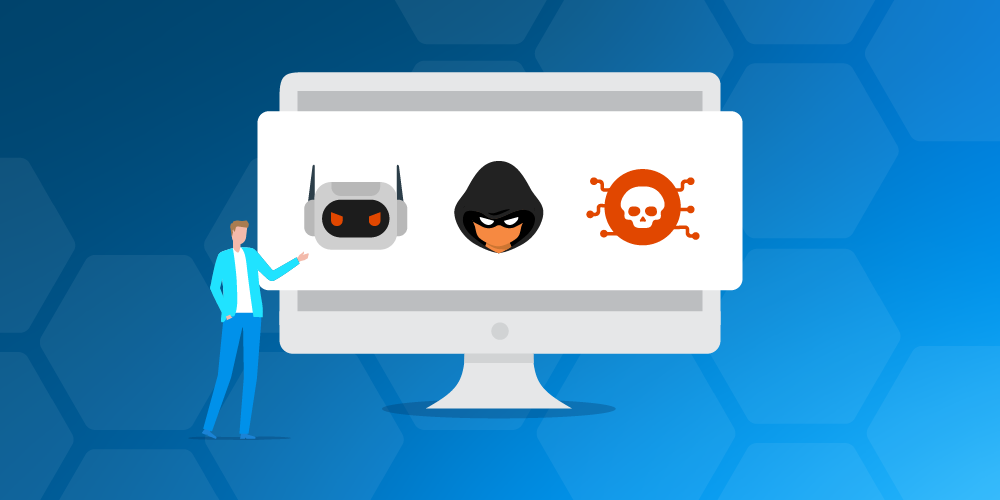 Cybersecurity illustration showing malware, hacker threat, and virus icons on computer screen representing online security protection