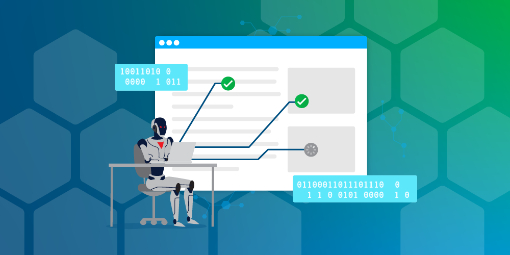 Artificial intelligence robot analyzing data on a laptop with binary code and checkmarks on a website interface, representing AI automation, machine learning, and data validation technology.