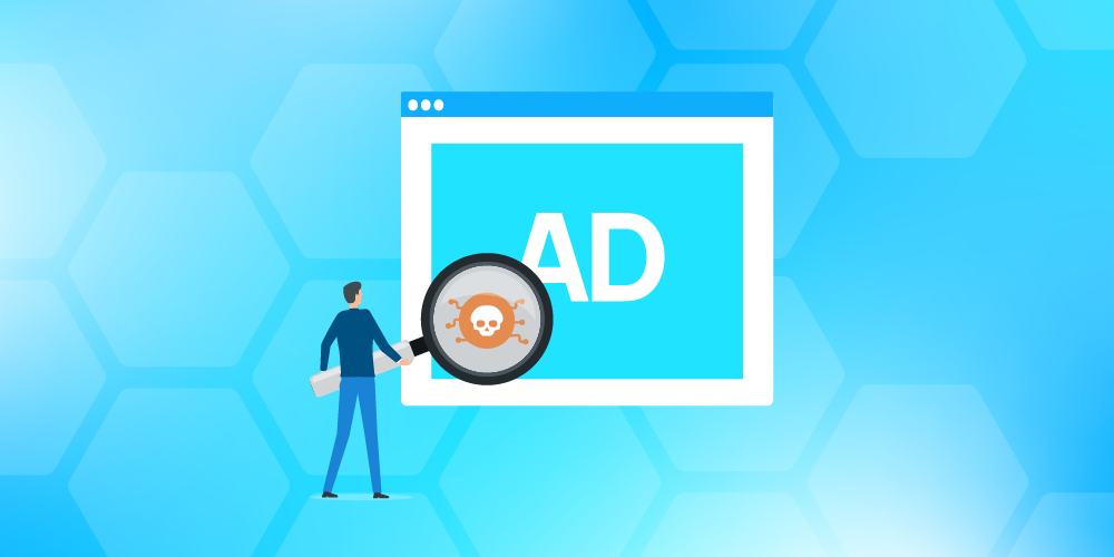 Illustration of a person detecting malware in a digital ad, representing cybersecurity threats from malicious advertising (malvertising) on websites.