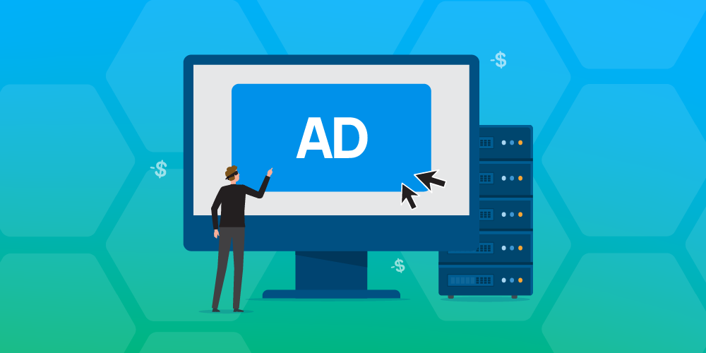 Illustration of online display advertising with digital marketer analyzing ad performance on a computer screen