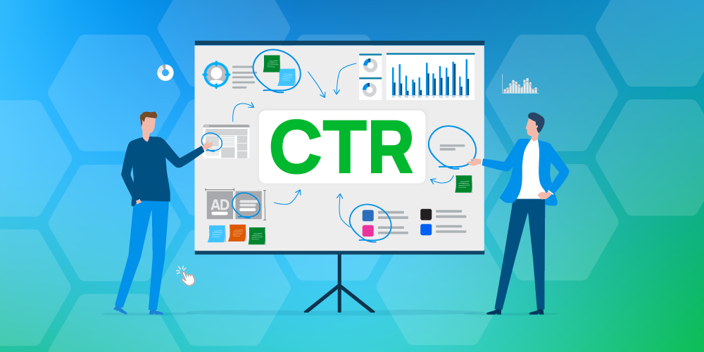 Illustration of two people reviewing a presentation screen with different key metric and data illustrations that influence click through rate, or CTR.