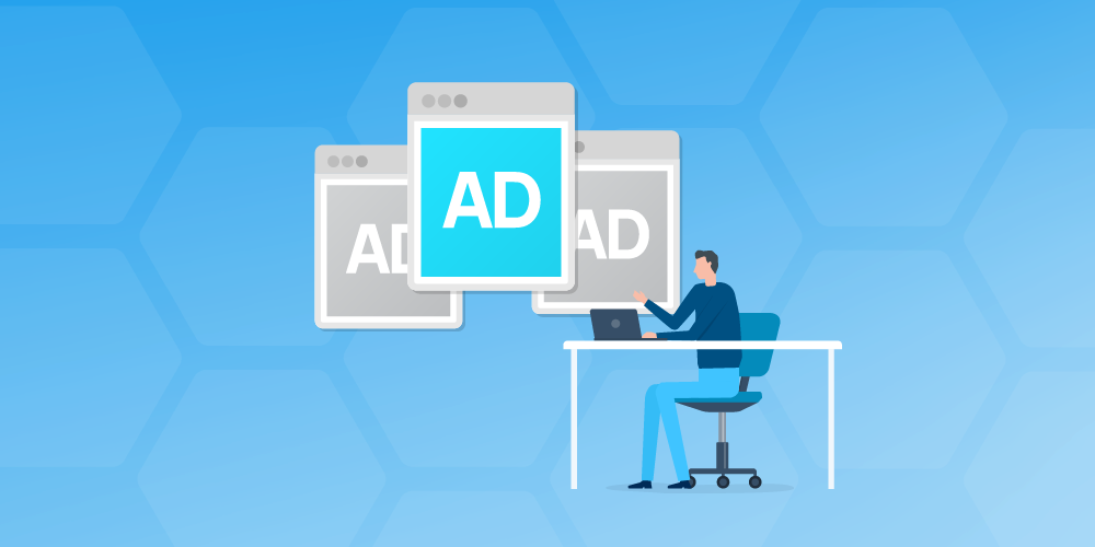 Illustration of digital advertising campaign management with marketer optimizing online ads on a laptop