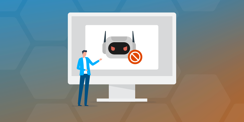 Illustration of cybersecurity threat detection showing a computer monitor with a malicious robot icon blocked, representing antivirus protection, malware prevention, and online security defense. 