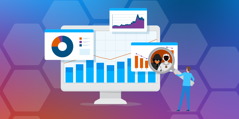 Illustration of a person analyzing website analytics data to detect ad fraud and suspicious traffic activity, with charts and graphs on a computer screen highlighting digital marketing performance and fraud detection.