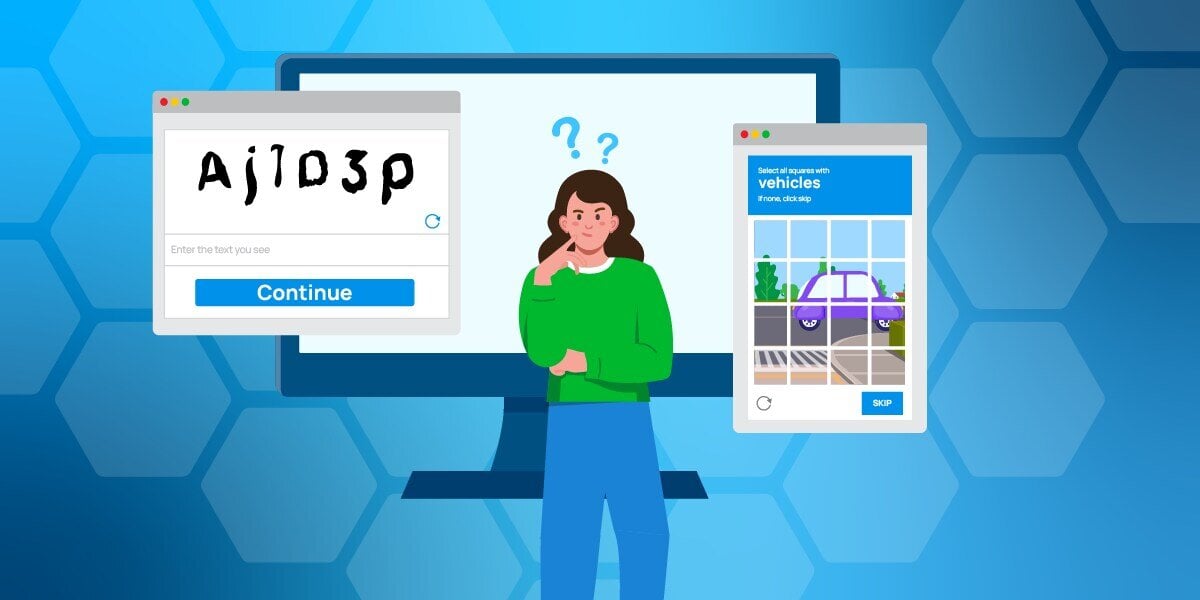 A confused person standing next two recaptcha forms in front of a computer screen 