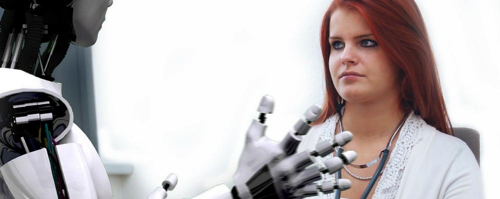 woman discussing ad fraud with robot