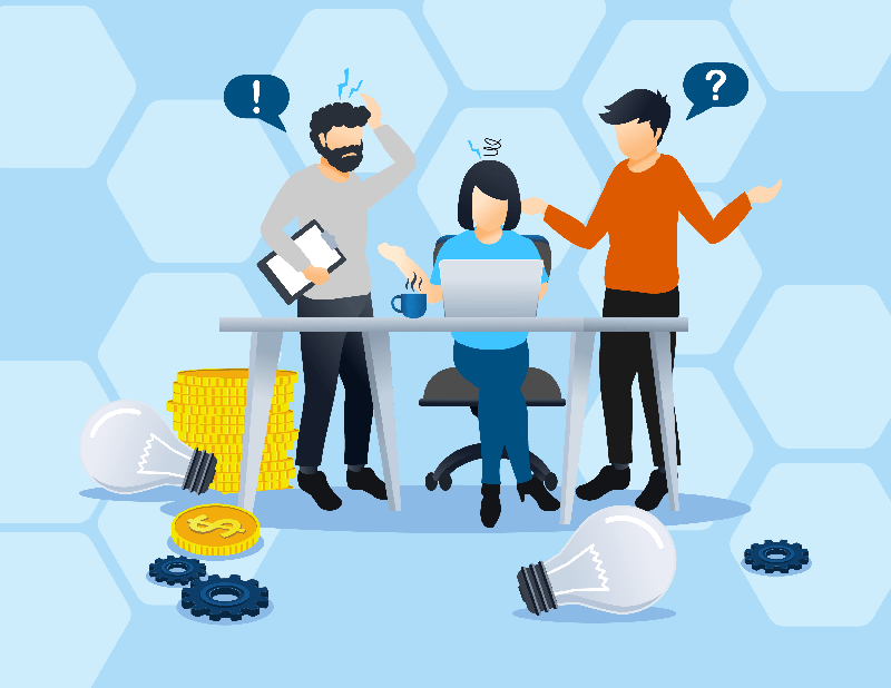 Frustrated workers at a computer