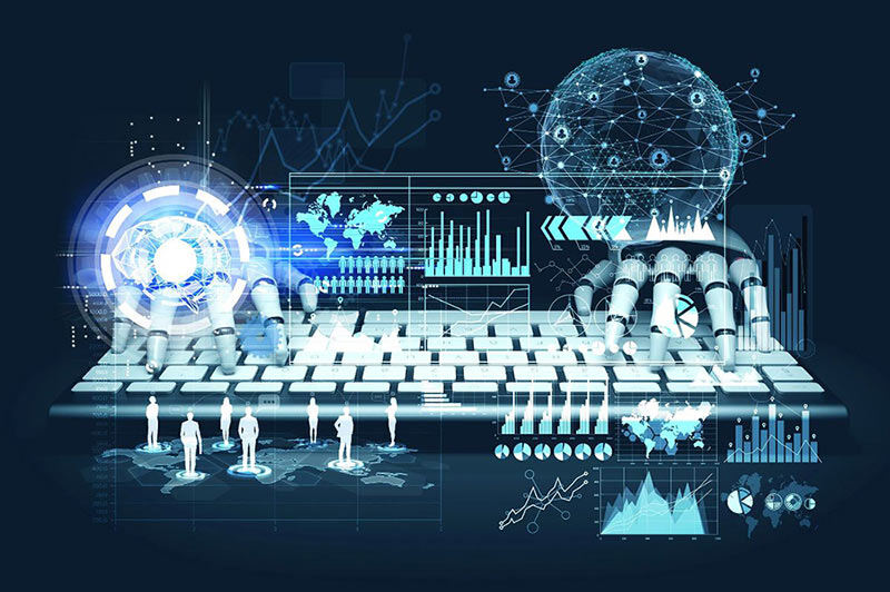 Robot hands typing on futuristic keyboard