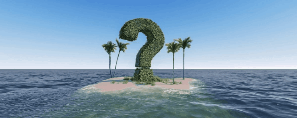giant question mark hedge on deserted island