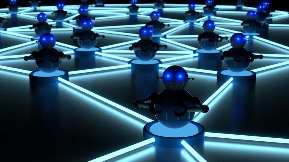 A glowing network of connected robots with lit blue eyes
