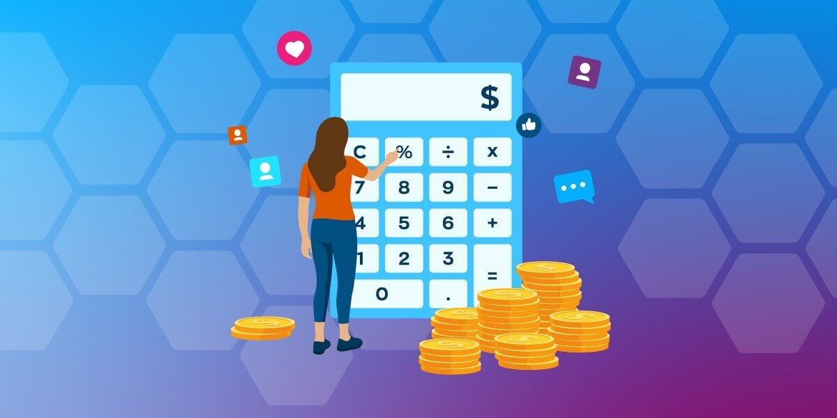 Graphic animation of a woman using a large calculator