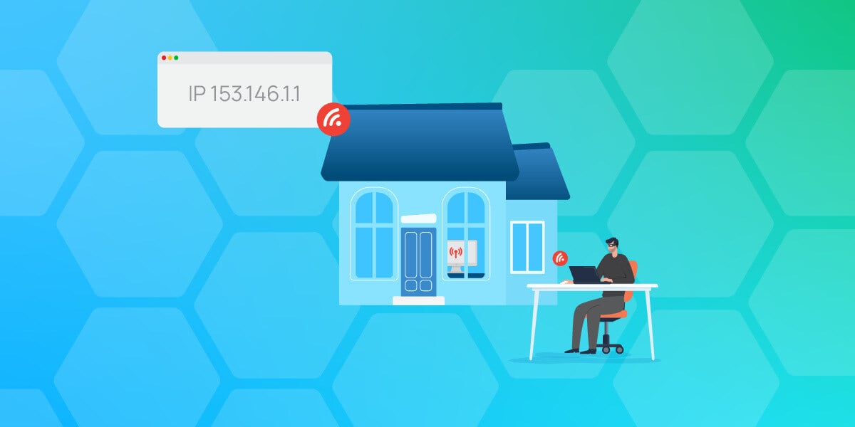 Illustration of a house with a visible IP address and a hacker using a laptop nearby, representing residential proxy usage.