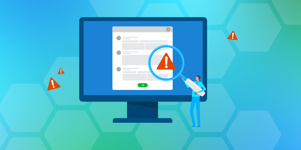 Illustration of a person analyzing online survey scams on a computer screen.