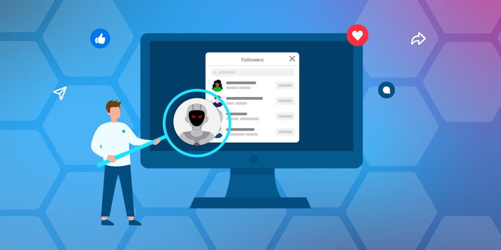 Person holding a magnifying glass over a computer screen with a 'Followers' list, highlighting a bot profile.  