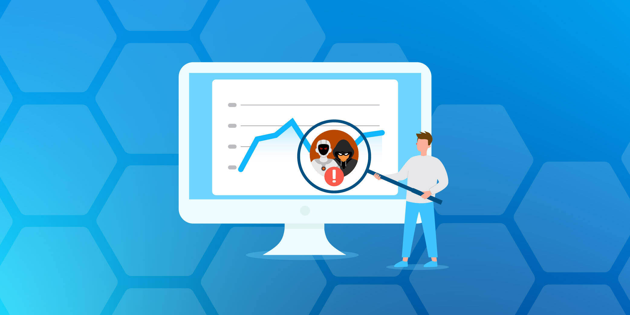 Person spotting a fraudster and ad bot with a magnifying glass on a computer screen line graph