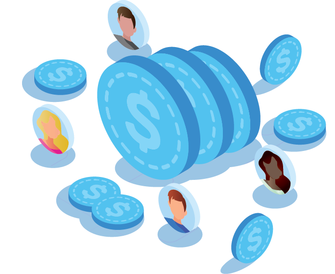 graphic of blue coins with peoples faces floating around
